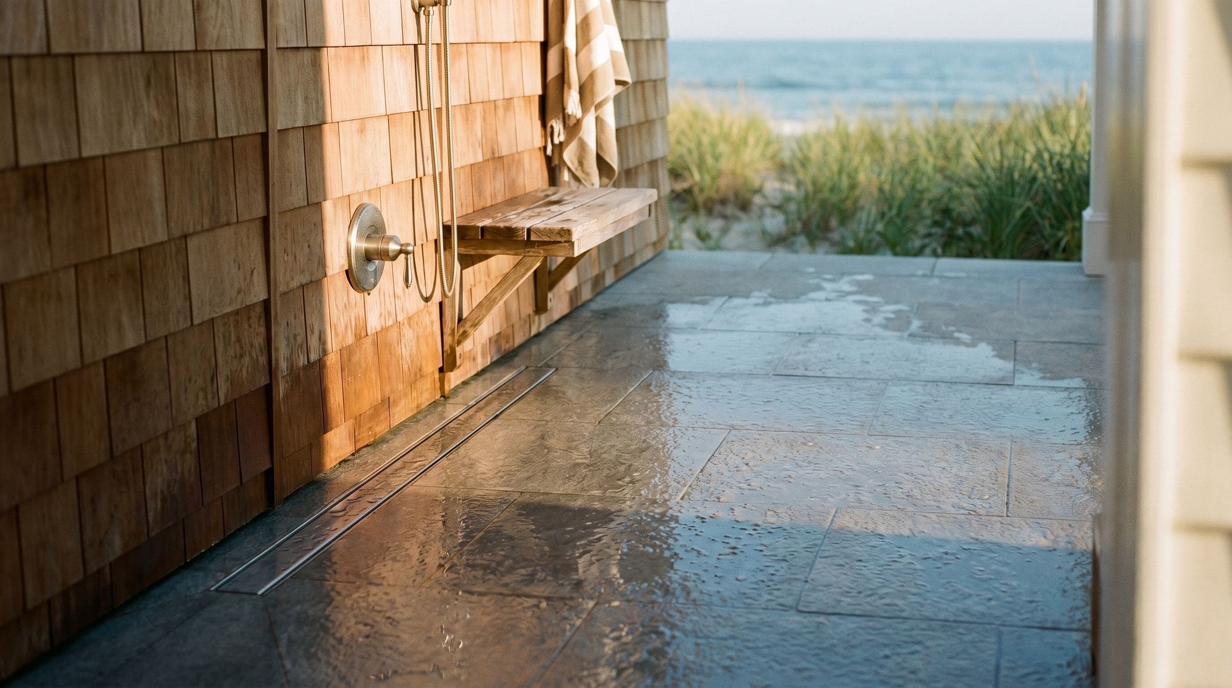 Outdoor Shower Tile at the Jersey Shore: What Actually Holds Up to Sand, Salt, and Daily Summer Use — JL Tile & Stone blog about tile and stone work in New Jersey