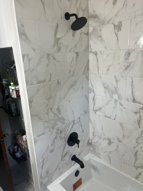 Calacatta Tub & Shower Surround — Bathroom tile work by JL Tile & Stone in Brick, NJ