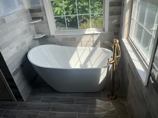 Brushed Gold & Marble Primary Bath — tile and stone work photo 4 by JL Tile & Stone, New Jersey