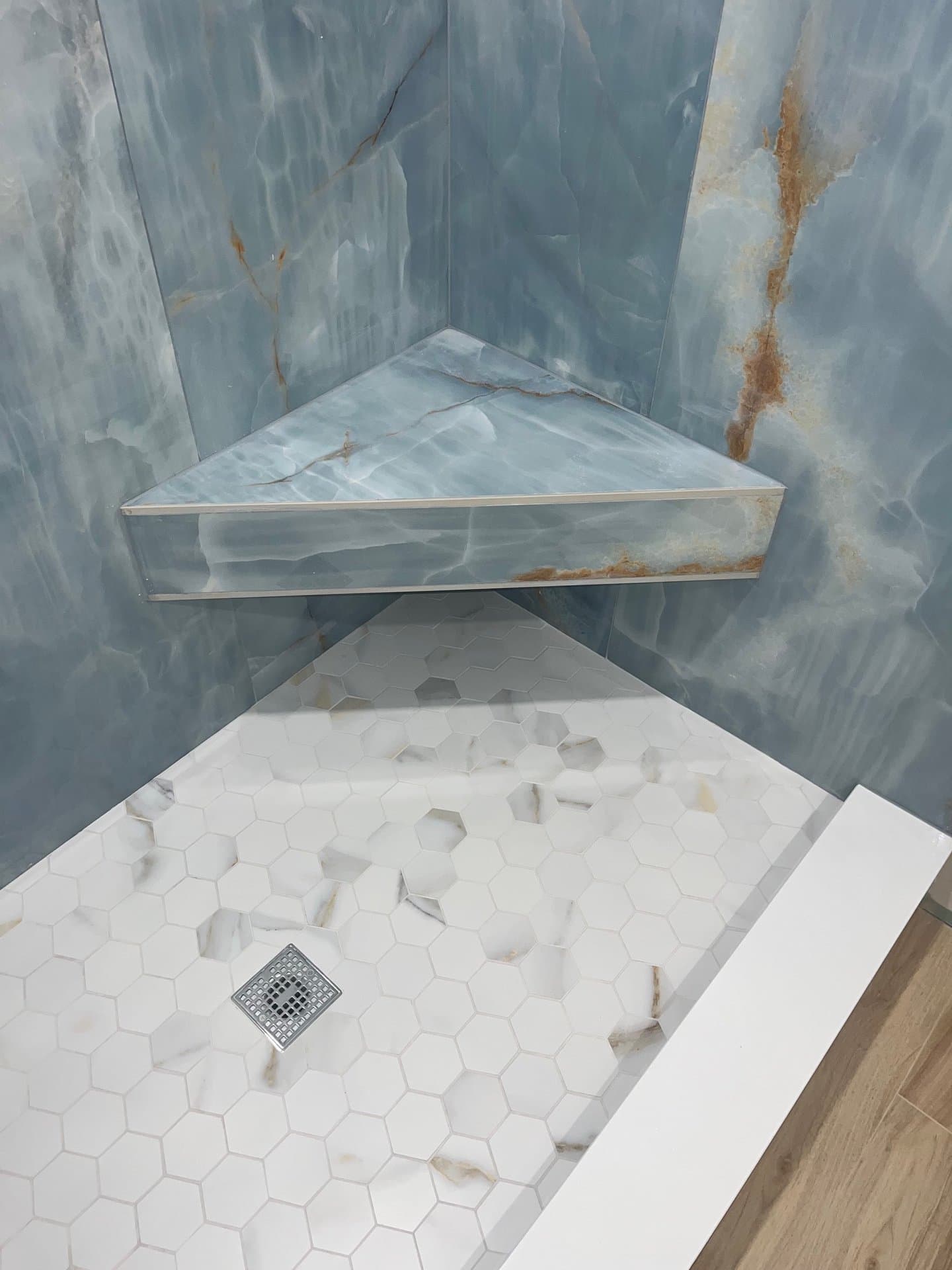 Blue Onyx Walk-In Shower — tile and stone work photo 2 by JL Tile & Stone, New Jersey