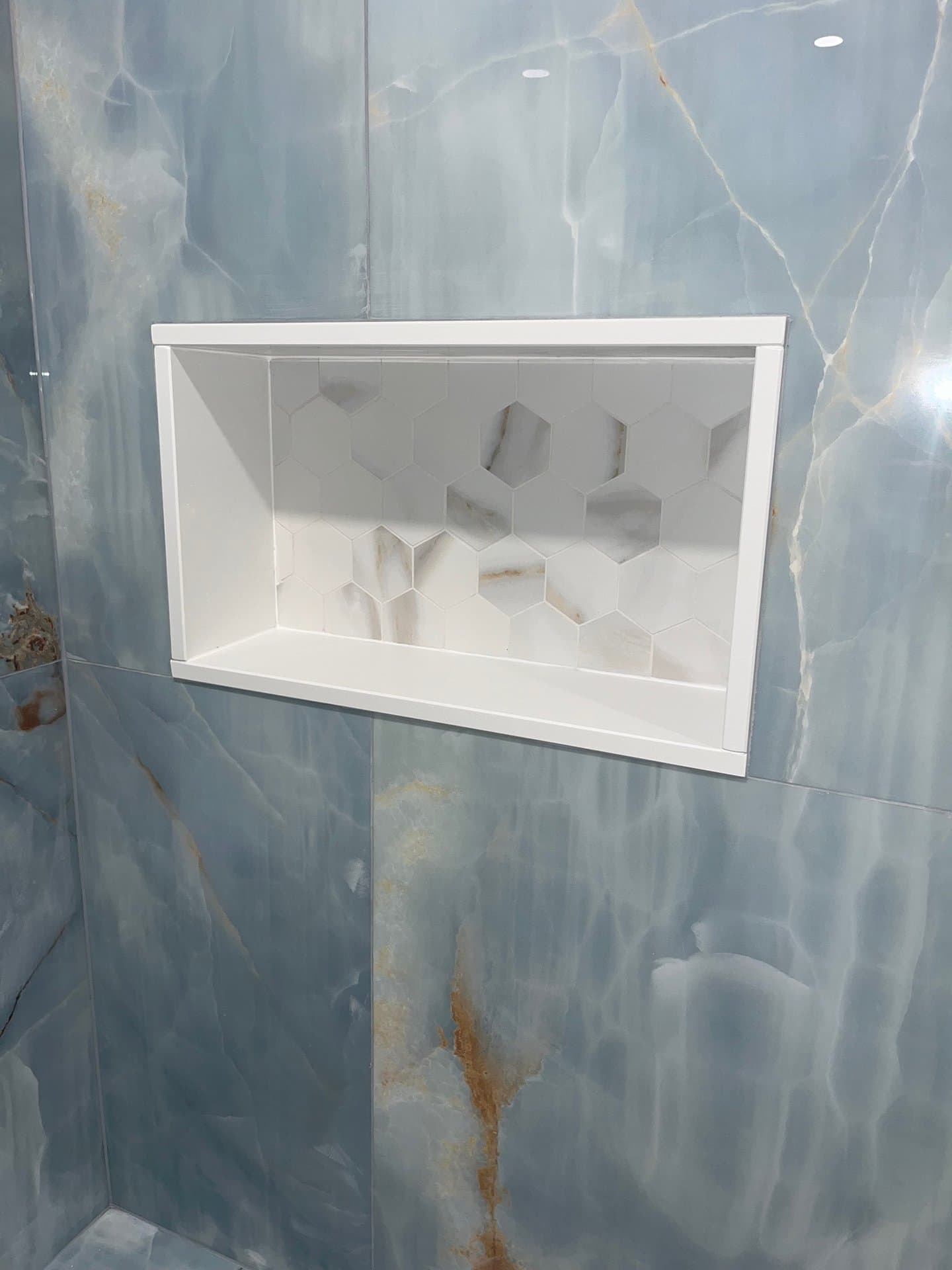 Blue Onyx Walk-In Shower — tile and stone work photo 3 by JL Tile & Stone, New Jersey