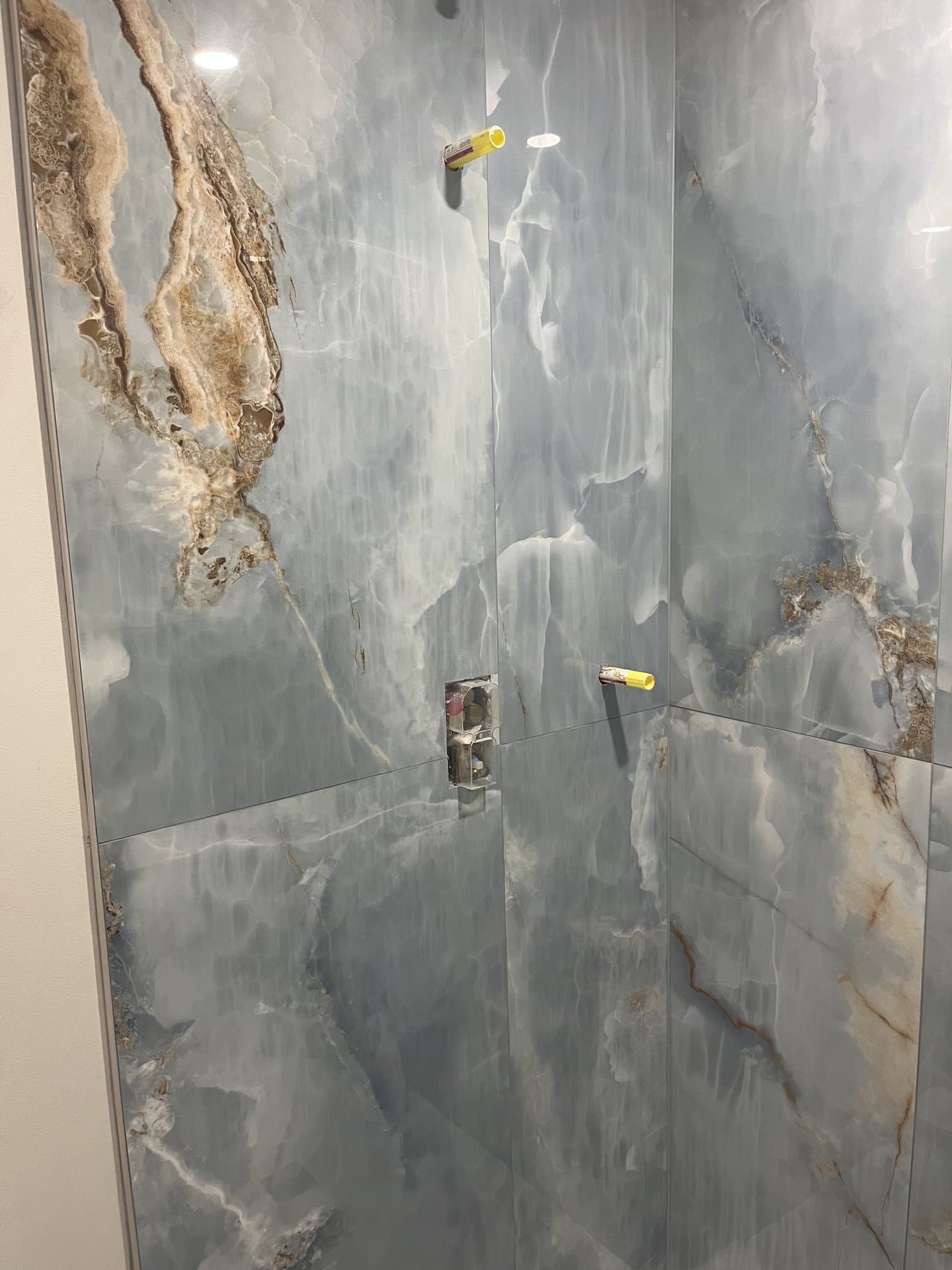 Blue Onyx Walk-In Shower — tile and stone work photo 4 by JL Tile & Stone, New Jersey