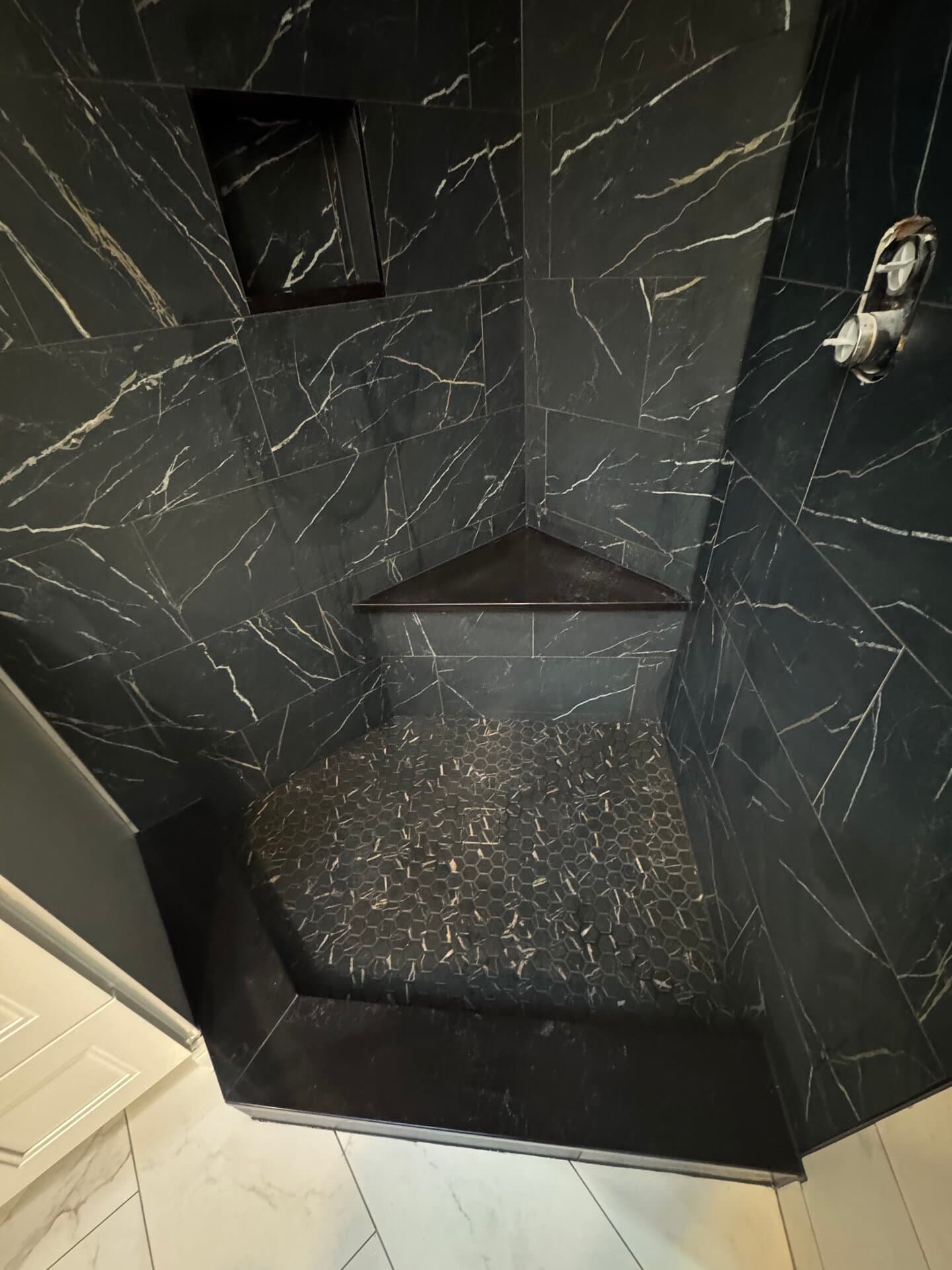 Dark Porcelain Shower Build — tile and stone work photo 2 by JL Tile & Stone, New Jersey