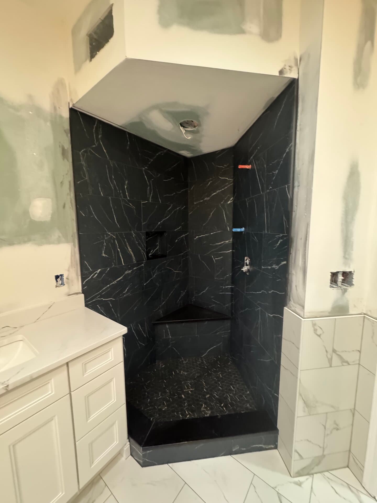 Dark Porcelain Shower Build — tile and stone work photo 3 by JL Tile & Stone, New Jersey