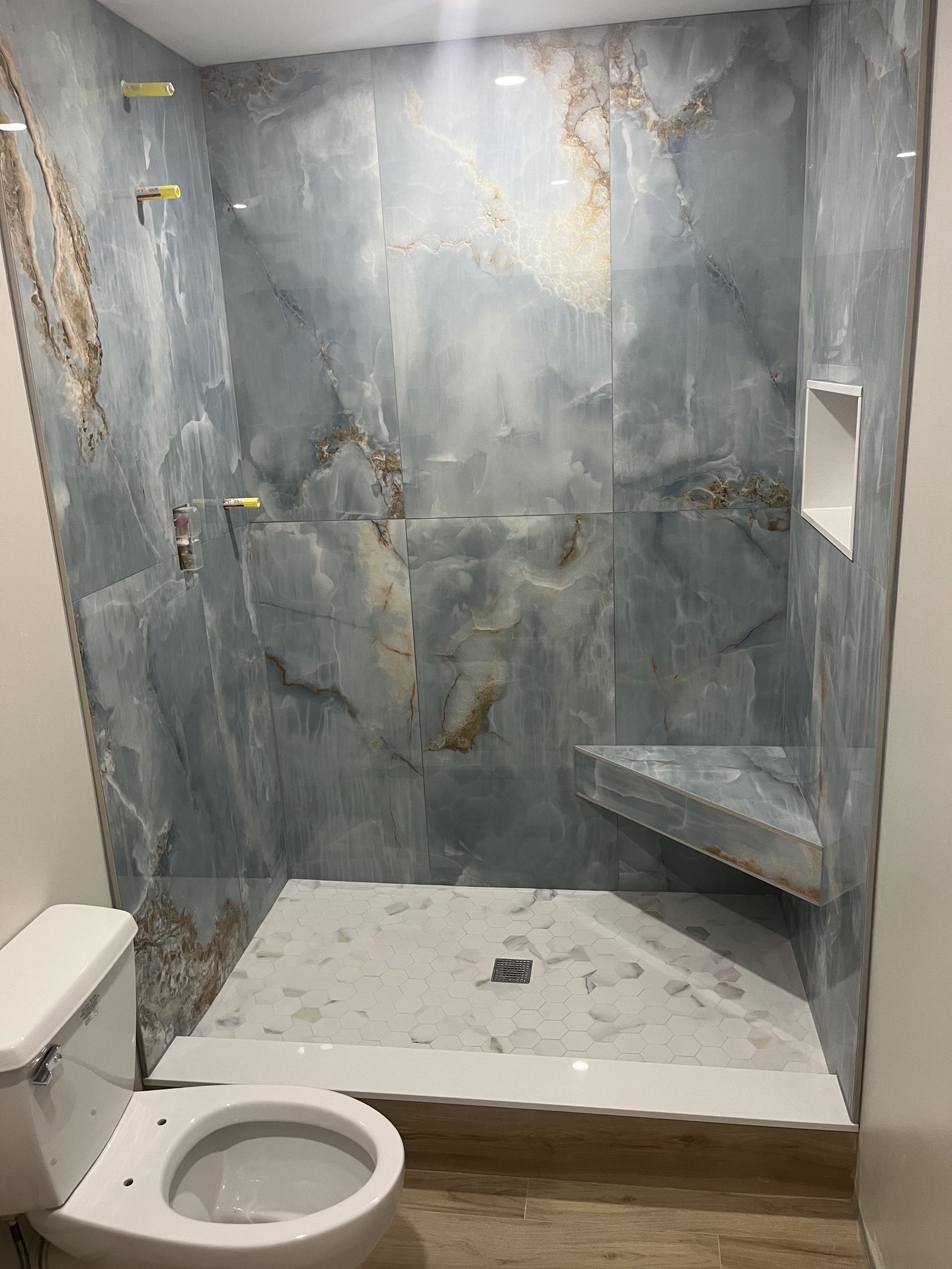 Blue Onyx Walk-In Shower — Bathroom tile work in Silverton (Toms River), NJ by JL Tile & Stone